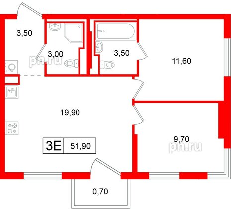 Квартира в ЖК Витебский парк, 2 комнатная, 51.9 м², 12 этаж