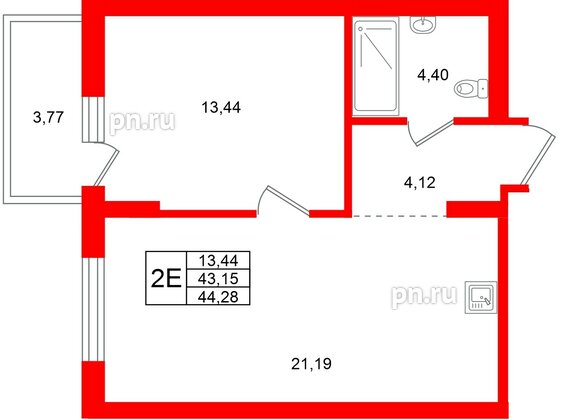 Квартира в ЖК «Брусника в Новоселье», 1 комнатная, 44.28 м², 7 этаж