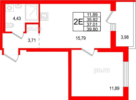 Квартира в ЖК «Брусника в Новоселье», 1 комнатная, 37.01 м², 6 этаж