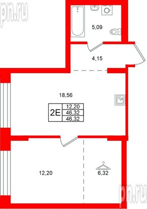 Квартира в ЖК «Брусника в Новоселье», 1 комнатная, 46.32 м², 1 этаж