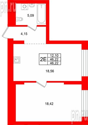 Квартира в ЖК «Брусника в Новоселье», 1 комнатная, 46.22 м², 1 этаж