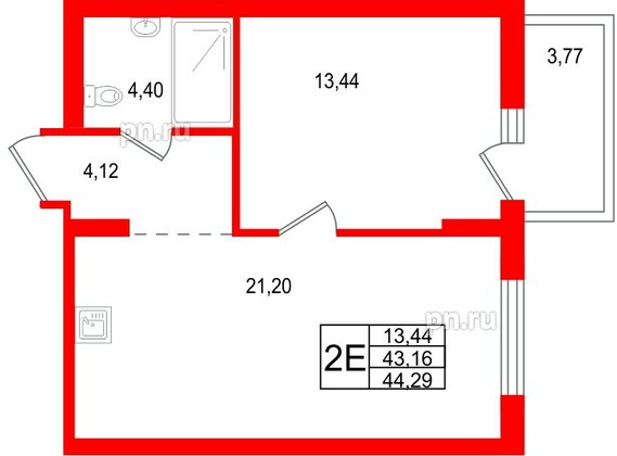 Квартира в ЖК «Брусника в Новоселье», 1 комнатная, 44.29 м², 5 этаж