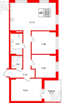 Квартира в ЖК «Брусника в Новоселье», 3 комнатная, 86.88 м², 9 этаж