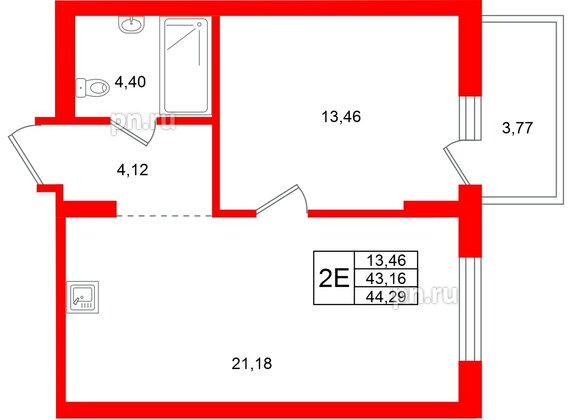 Квартира в ЖК «Брусника в Новоселье», 1 комнатная, 44.29 м², 7 этаж