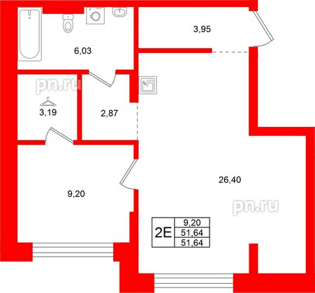 Квартира в ЖК «Брусника в Новоселье», 1 комнатная, 51.64 м², 1 этаж