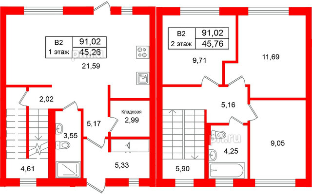 Квартира в ЖК СветЛО, 3 комнатная, 91.02 м², 1 этаж