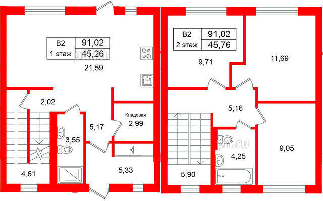Квартира в ЖК СветЛО, 3 комнатная, 91.02 м², 1 этаж