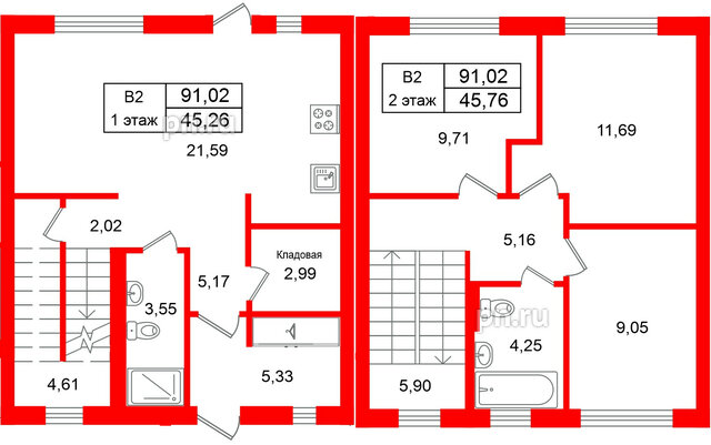 Квартира в ЖК СветЛО, 3 комнатная, 91.02 м², 1 этаж