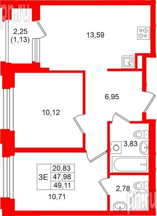 Квартира в ЖК «Кольский», 2 комнатная, 49.11 м², 11 этаж