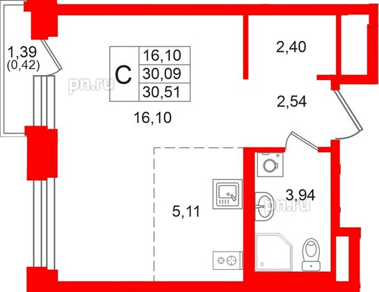 Квартира в ЖК «Кольский», студия, 30.51 м², 12 этаж
