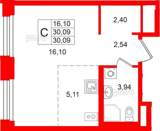 Квартира в ЖК «Кольский», студия, 30.09 м², 14 этаж