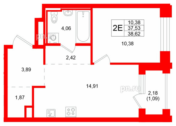 Квартира в ЖК GloraX Кольский, 1 комнатная, 38.62 м², 3 этаж