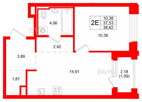 Квартира в ЖК GloraX Кольский, 1 комнатная, 38.62 м², 11 этаж