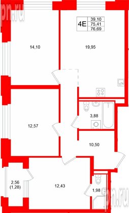 Квартира в ЖК «Кольский», 3 комнатная, 76.69 м², 11 этаж