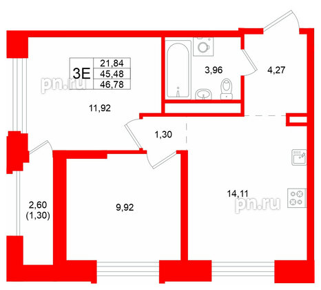 Квартира в ЖК GloraX Кольский, 2 комнатная, 46.78 м², 7 этаж