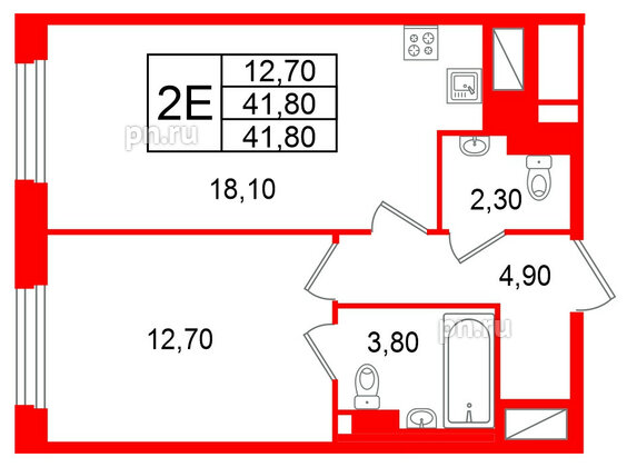 Квартира в ЖК Большая Охта, 1 комнатная, 41.8 м², 8 этаж