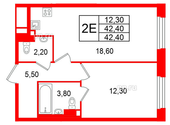 Квартира в ЖК Большая Охта, 1 комнатная, 42.4 м², 3 этаж