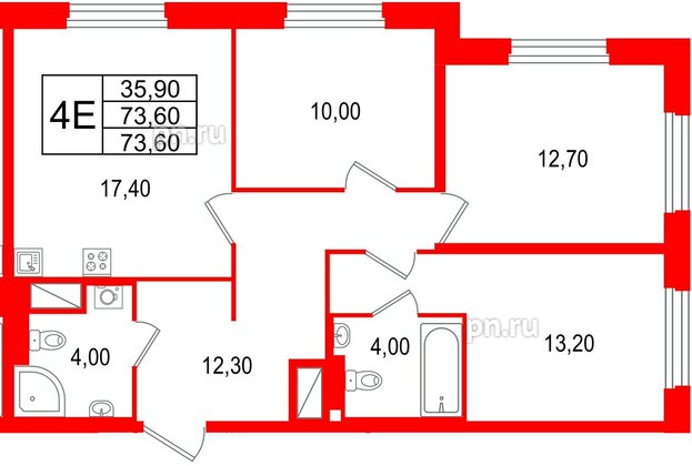 Квартира в ЖК Большая Охта, 3 комнатная, 73.6 м², 8 этаж