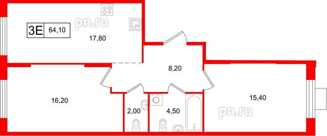 Квартира в ЖК «Ягодное Река Парк», 2 комнатная, 64.1 м², 2 этаж