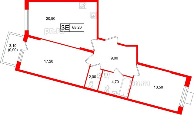 Квартира в ЖК «Ягодное Река Парк», 2 комнатная, 68.2 м², 5 этаж