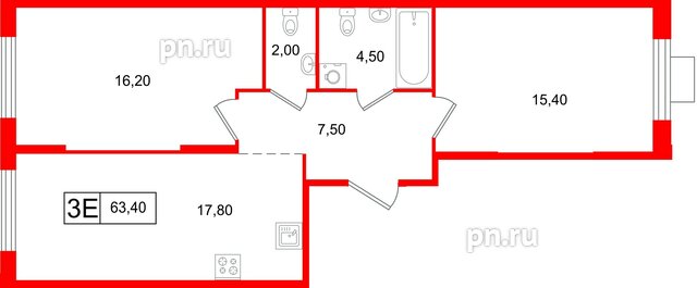 Квартира в ЖК «Ягодное Река Парк», 2 комнатная, 63.4 м², 8 этаж
