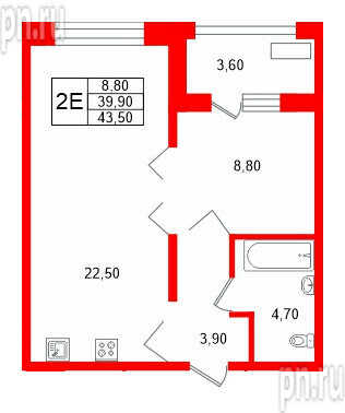 Квартира в ЖК Сибирь, 1 комнатная, 43.5 м², 8 этаж