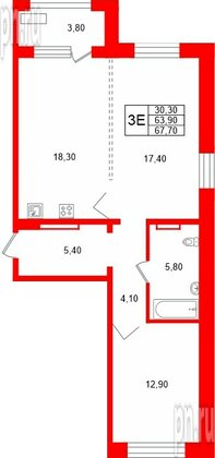 Квартира в ЖК «Сибирь», 2 комнатная, 67.7 м², 5 этаж