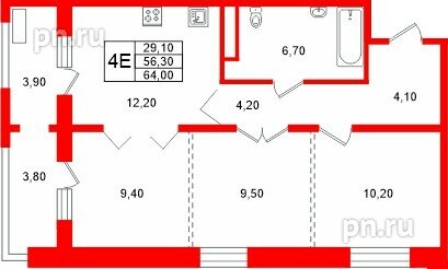 Квартира в ЖК «Сибирь», 3 комнатная, 64 м², 17 этаж