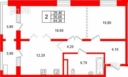 Квартира в ЖК «Сибирь», 2 комнатная, 64.3 м², 9 этаж