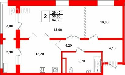 Квартира в ЖК «Сибирь», 2 комнатная, 64.3 м², 12 этаж