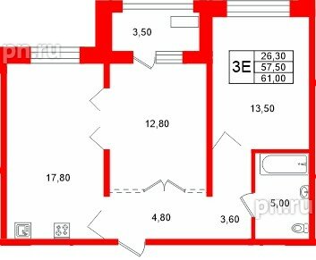 Квартира в ЖК «Сибирь», 2 комнатная, 61 м², 2 этаж