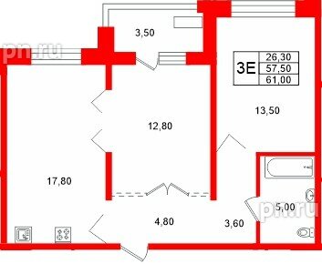 Квартира в ЖК «Сибирь», 2 комнатная, 61 м², 17 этаж