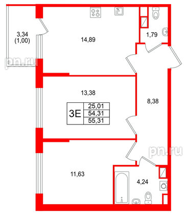 Квартира в ЖК Охтинские высоты, 2 комнатная, 55.31 м², 2 этаж