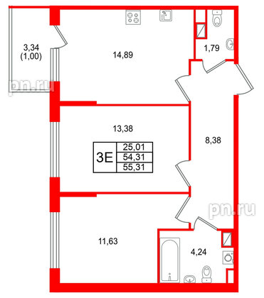 Квартира в ЖК Охтинские высоты, 2 комнатная, 55.31 м², 4 этаж