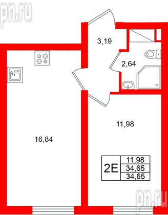 Квартира в ЖК «Морская миля», 1 комнатная, 34.65 м², 13 этаж
