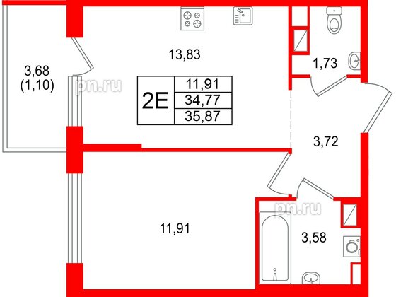 Квартира в ЖК «Охтинские высоты», 1 комнатная, 35.87 м², 3 этаж