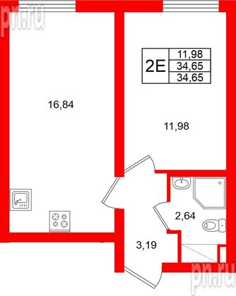 Квартира в ЖК «Морская миля», 1 комнатная, 34.65 м², 13 этаж