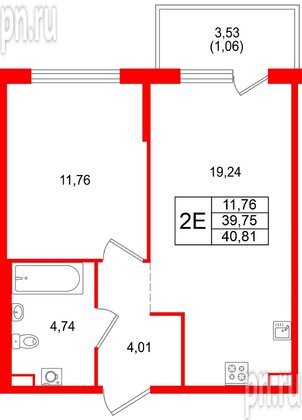 Квартира в ЖК «Охтинские высоты», 1 комнатная, 40.81 м², 2 этаж