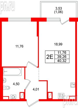 Квартира в ЖК Охтинские высоты, 1 комнатная, 40.32 м², 4 этаж