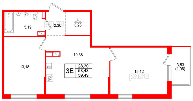 Квартира в ЖК Охтинские высоты, 2 комнатная, 59.49 м², 2 этаж