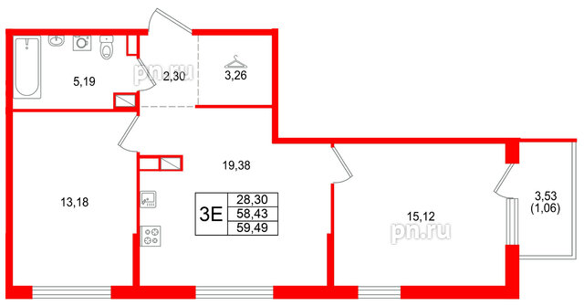 Квартира в ЖК Охтинские высоты, 2 комнатная, 59.49 м², 4 этаж