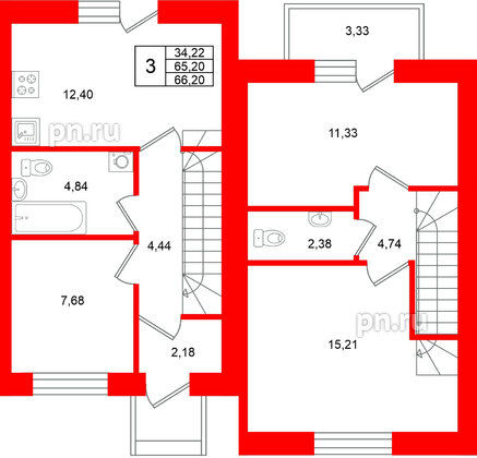 Квартира в ЖК «Федоровское», 3 комнатная, 66.36 м², 1 этаж