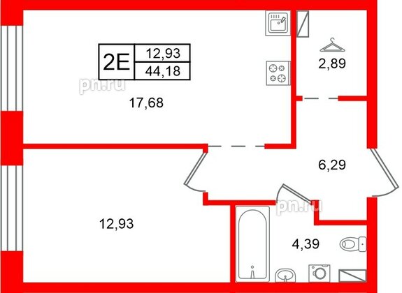 Квартира в ЖК «Остров Первых», 1 комнатная, 44.18 м², 5 этаж