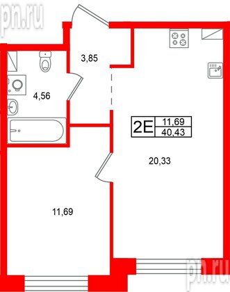 Квартира в ЖК «Остров Первых», 1 комнатная, 40.43 м², 8 этаж