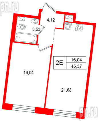Квартира в ЖК «Остров Первых», 1 комнатная, 45.37 м², 4 этаж