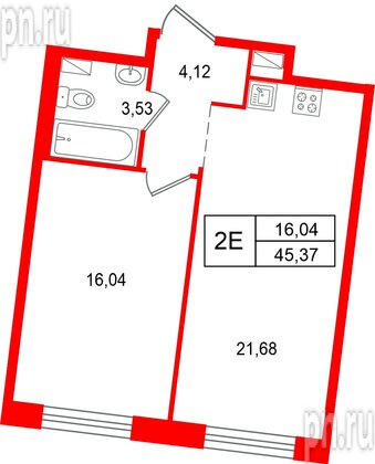 Квартира в ЖК «Остров Первых», 1 комнатная, 45.37 м², 6 этаж