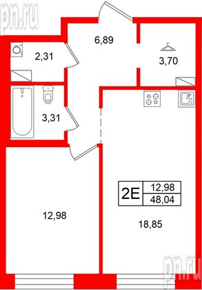 Квартира в ЖК «Остров Первых», 1 комнатная, 48.04 м², 5 этаж