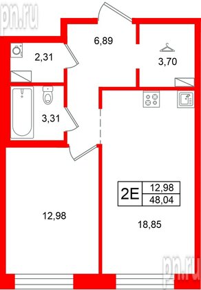 Квартира в ЖК «Остров Первых», 1 комнатная, 48.04 м², 7 этаж