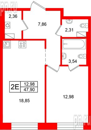 Квартира в ЖК «Остров Первых», 1 комнатная, 47.9 м², 7 этаж