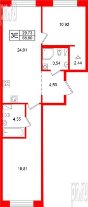 Квартира в ЖК Остров Первых, 2 комнатная, 68.8 м², 7 этаж